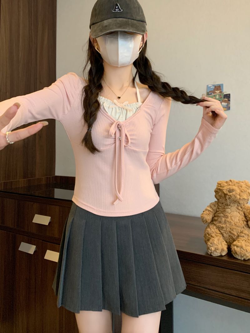 假兩件修身純欲風長袖T恤秋冬新款韓版洋氣女裝顯瘦內搭甜辣上衣
