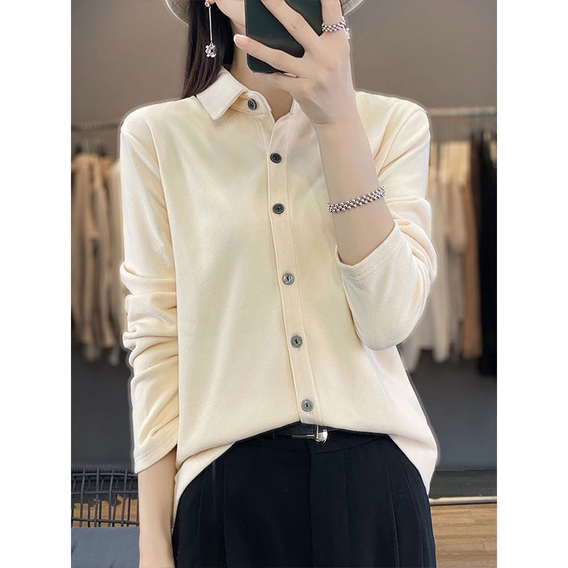 加厚開衫打底女2023秋冬新款POLO領保暖襯衫內搭外穿寬鬆長袖上衣