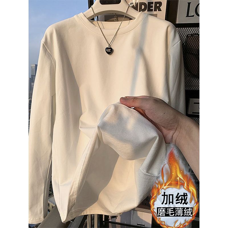 加厚雙面徳絨圓領白色打底衫女加絨秋冬磨毛內搭純色寬鬆中長T恤