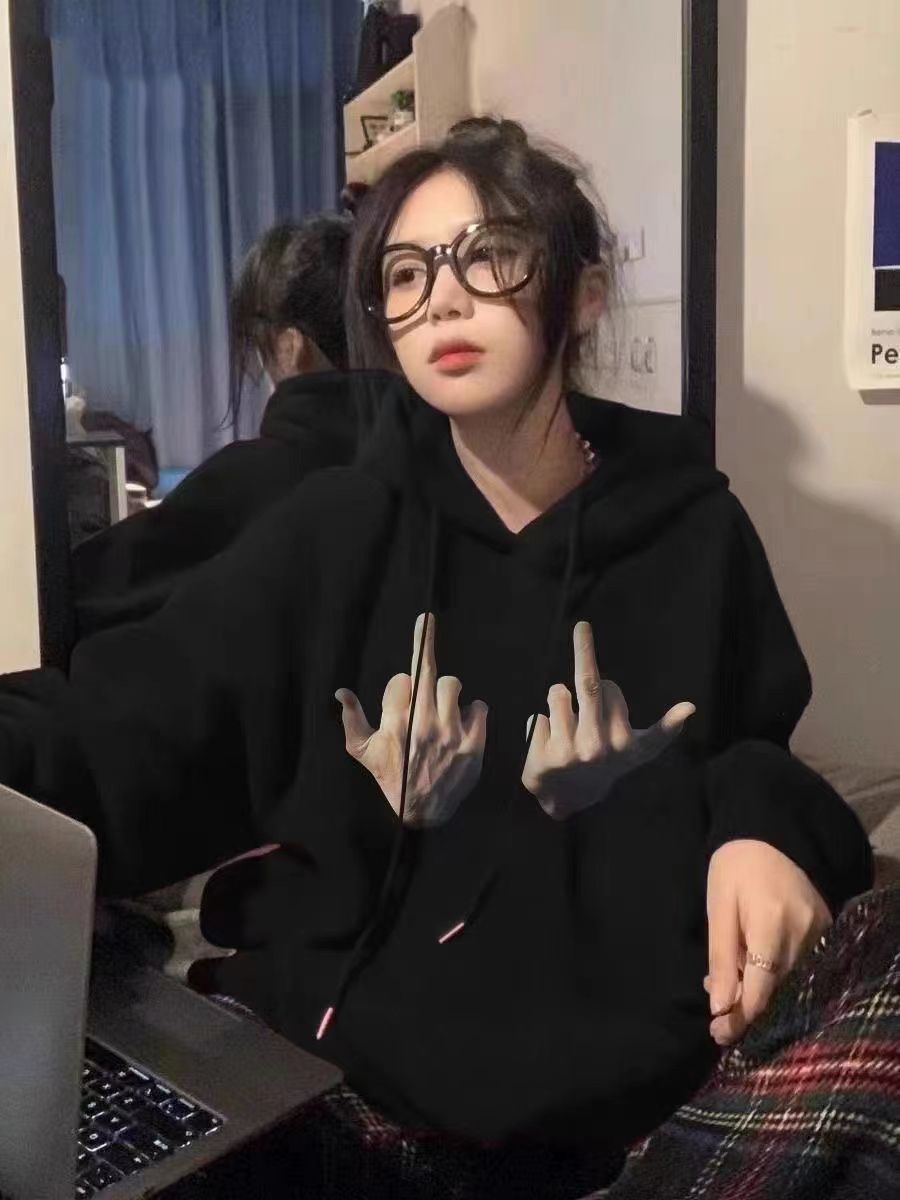 美式hiphop潮酷連帽中指衛衣女秋冬季潮牌高街頭嘻哈加絨上衣外套