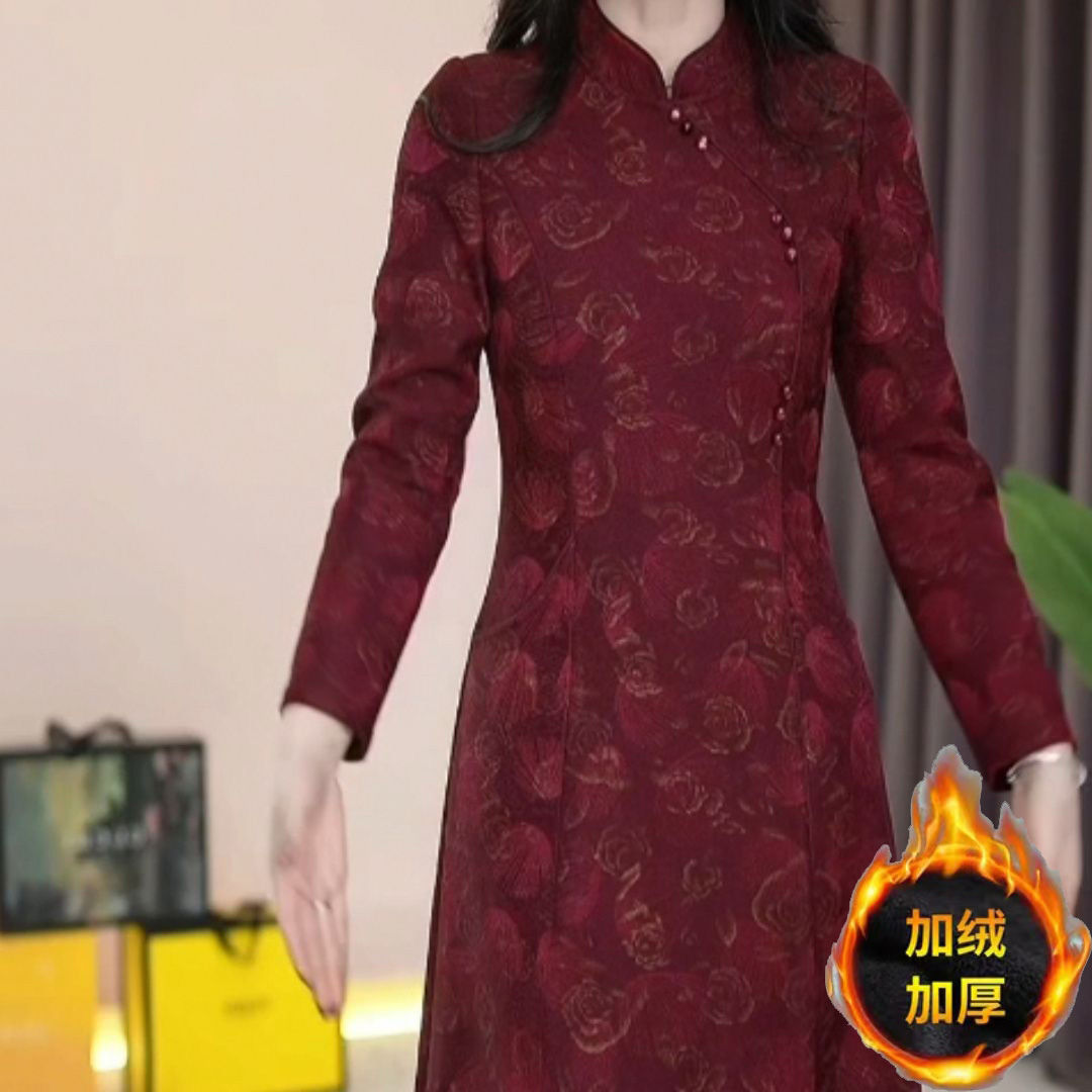 中年女裝提花精紡改良旗袍裙2023加絨時尚禮服顯瘦高檔加厚連衣裙