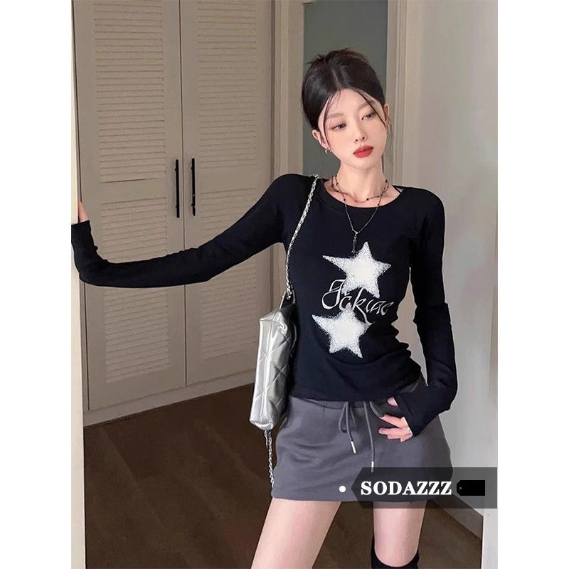 SODAZZZ星星字母印花長袖T恤女秋冬季辣妹修身短款上衣內搭打底衫