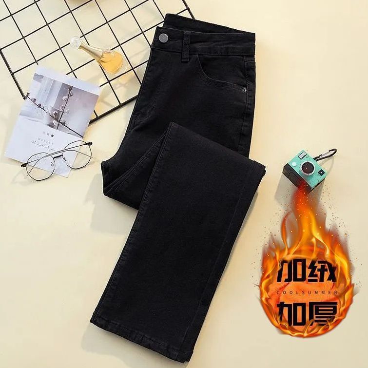 Black straight-leg jeans for women in autumn and winter new versatile plus velvet and thickened high-waisted black cigarette pants for small people