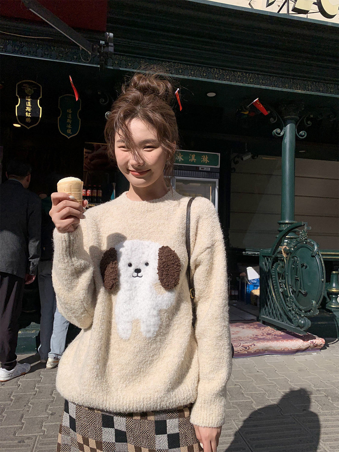 XJ家毛絨小狗提花毛衣女秋冬2023新款寬鬆慵懶小個子針織衫