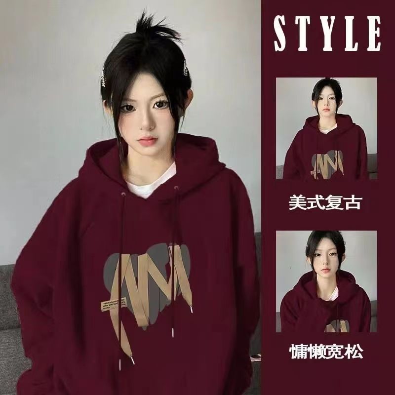 秋冬新款潮牌印花酒紅色連帽衛衣女學生寬鬆加絨加厚外套上衣ins