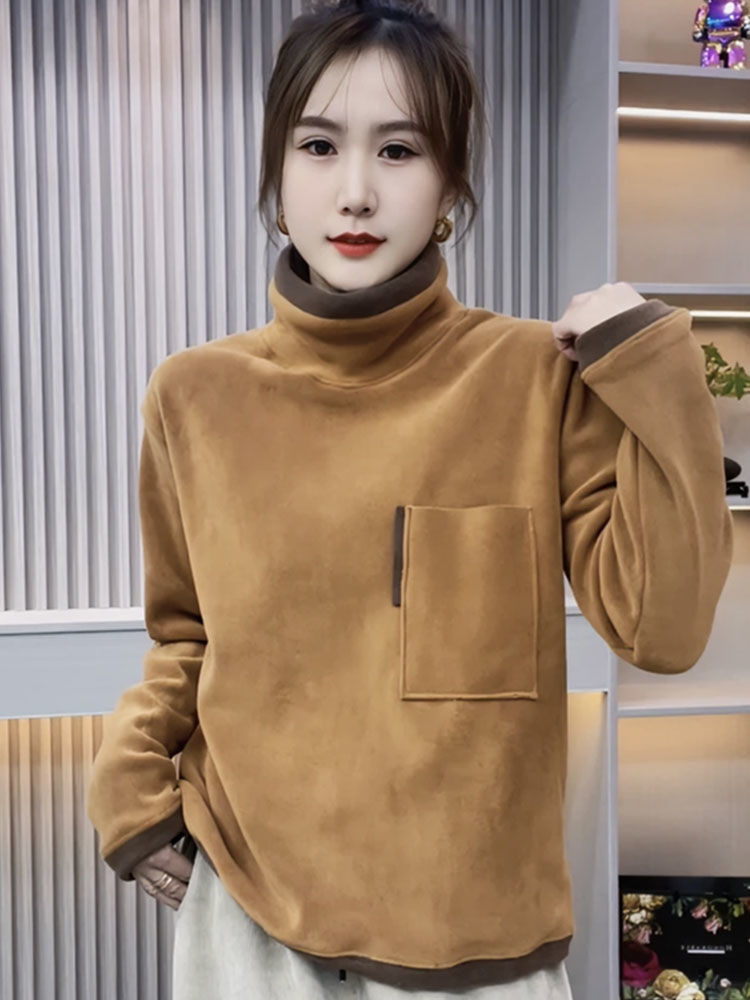 藍海奕諾奧粒絨加厚高領衛衣女2023秋冬新款寬鬆堆堆領撞色打底衫
