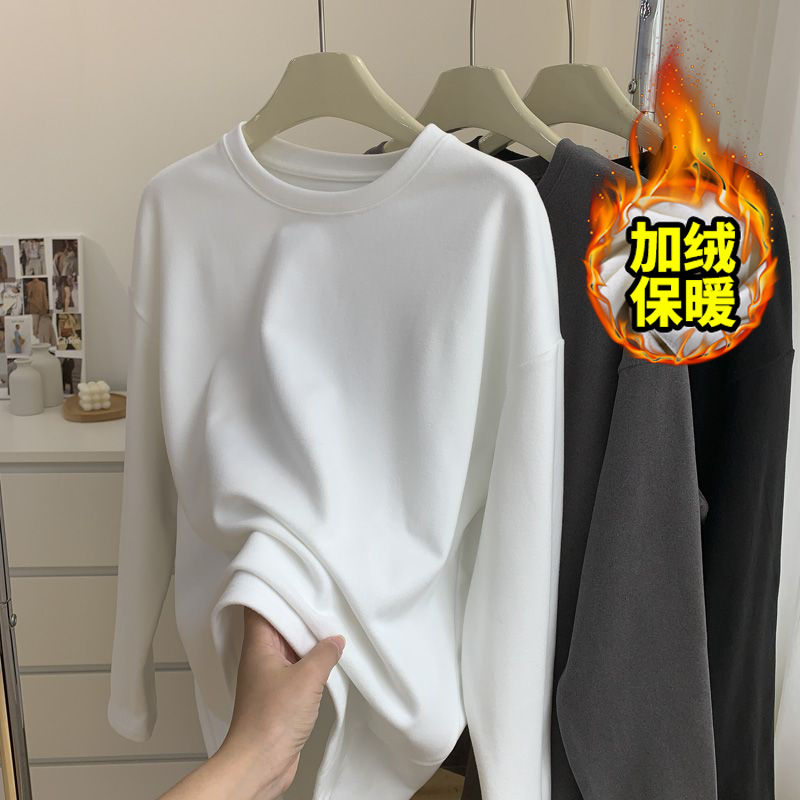 純色軟糯親膚雙面德絨圓領長袖T恤女秋冬內搭保暖打底衫加厚上衣