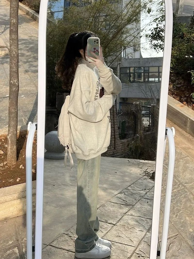 美式復古高街黃泥色窄版闊腿牛仔褲女寬鬆直筒高腰顯瘦垂感拖地褲