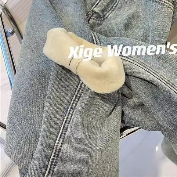 加絨加厚復古顯瘦遮胯高腰老爹牛仔褲女秋冬季保暖寬鬆港味直筒褲
