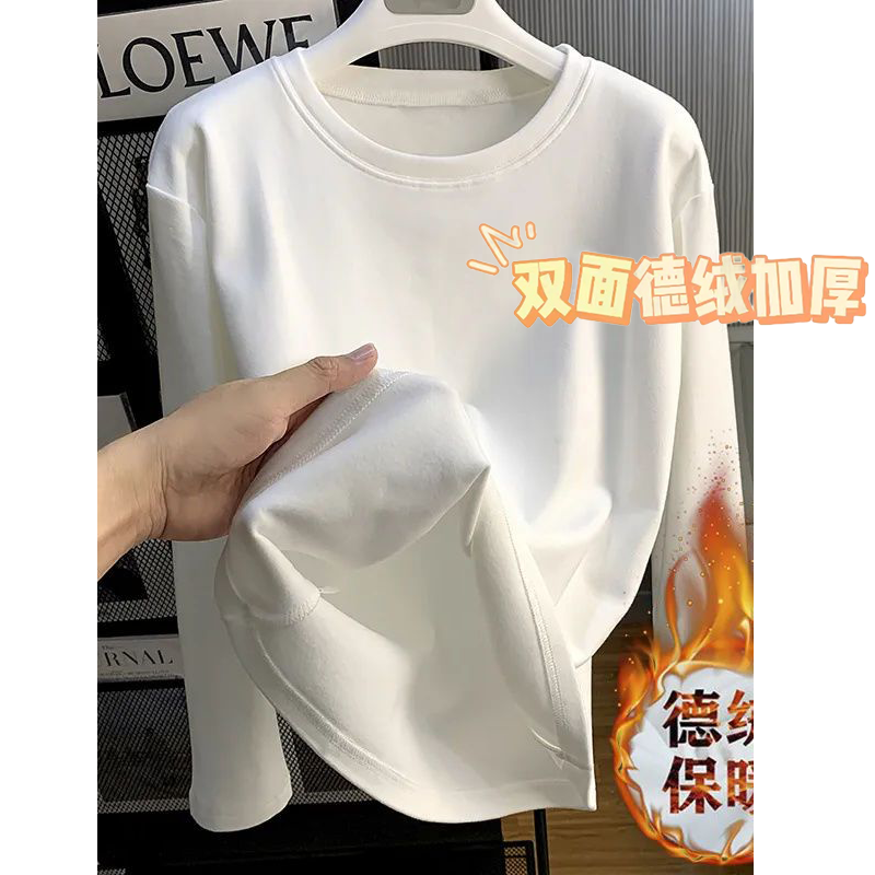 加厚雙面德絨圓領白色打底衫女加絨秋冬磨毛內搭純色寬鬆長袖t恤
