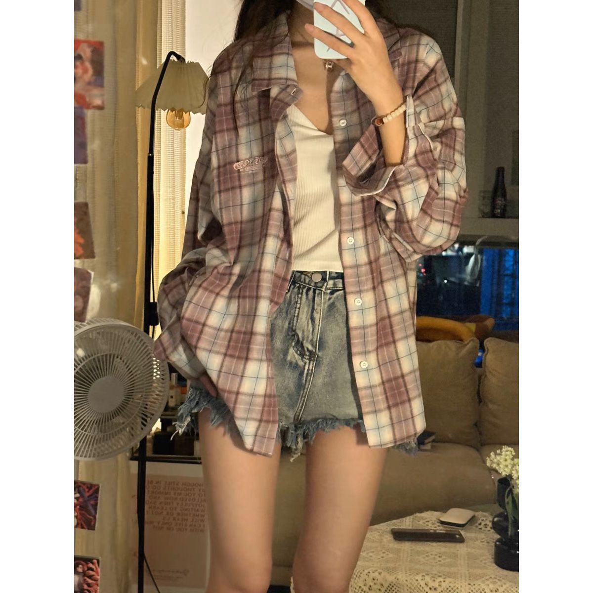 美式街頭格子襯衫女秋季寬鬆休閒顯瘦潮牌格紋情侶外穿百搭襯衣