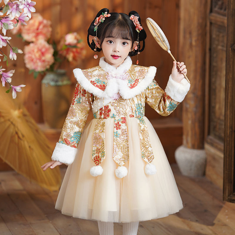 女童漢服2024新款秋冬連衣裙加絨兒童唐裝裙子冬裝中國風古裝冬裙