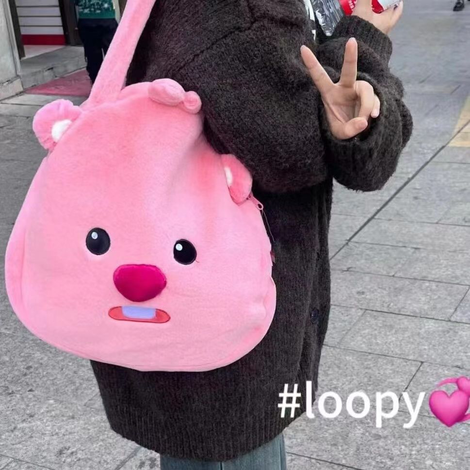 可愛小海狸小紅書同款Loopy通勤大包2023新款毛毛絨單肩包手提包