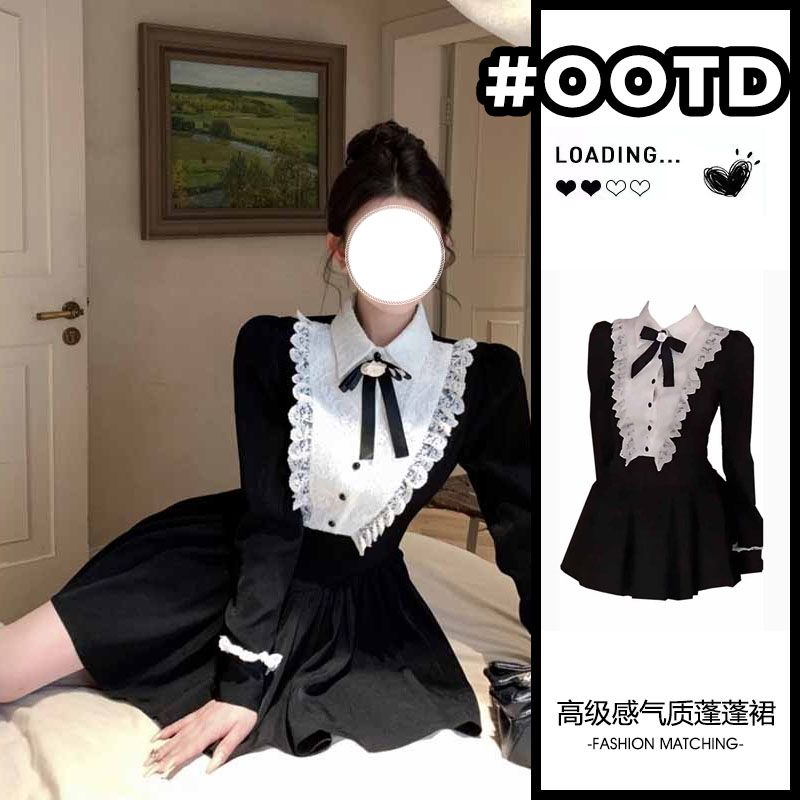 秋季蕾絲拼接黑色裙子收腰氣質蓬蓬公主短裙法式復古長袖連衣裙女