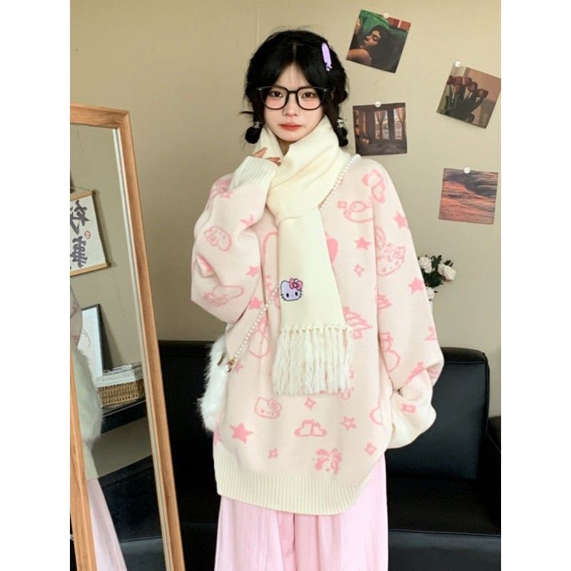 甜美可愛減齡凱蒂貓圓領毛衣秋冬情侶寬鬆百搭針織衫上衣
