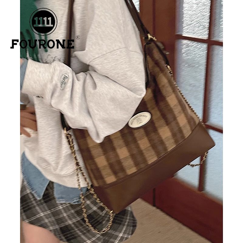 Wool plaid large bag women's new trendy retro college tote bag casual large capacity backpack