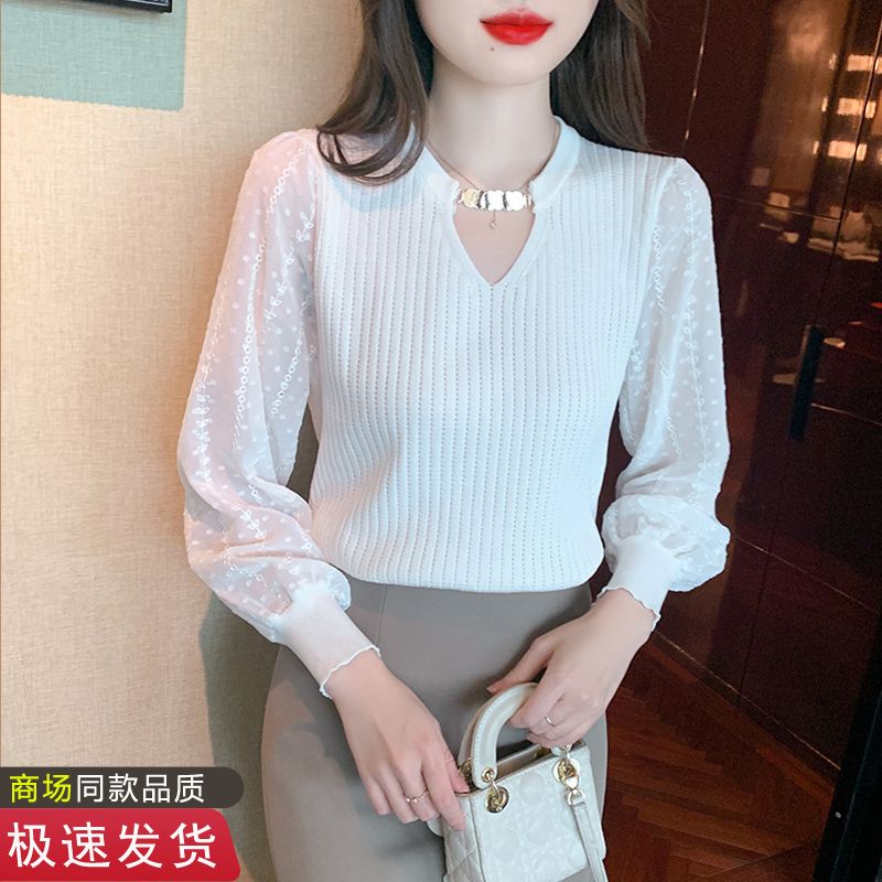 2023針織衫秋款女新款法式鏤空時尚氣質顯瘦蕾絲拼接長袖上衣女潮