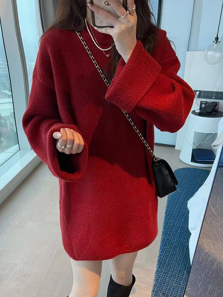 中長款紅色圓領毛衣女秋冬2022新款爆款慵懶風寬鬆長袖針織衫上衣