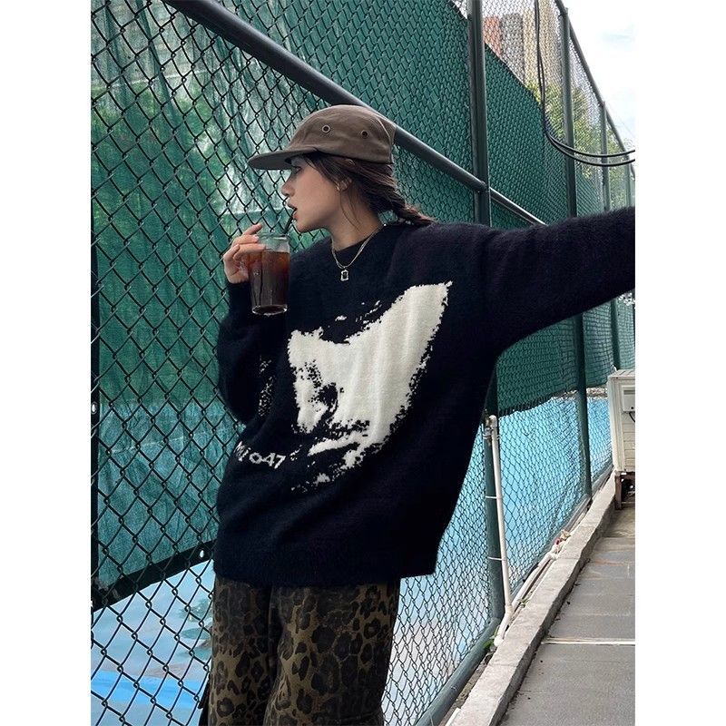 美式高街撞色慵懶風圓領毛衣男女街頭休閒時髦內搭上衣秋冬潮流
