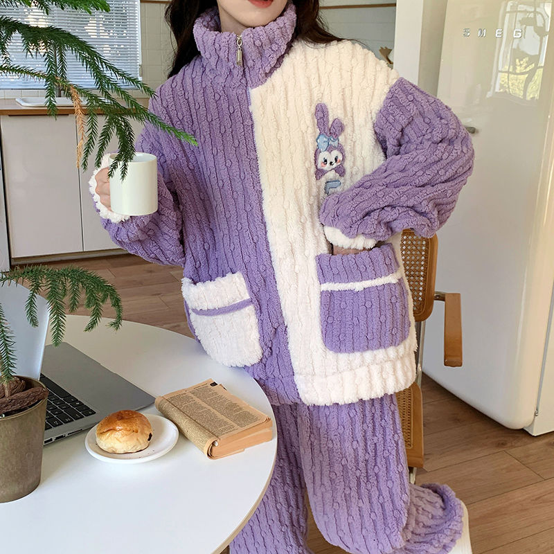 秋冬季新款睡衣女提花珊瑚絨卡通星黛露拉鏈加厚加絨可外穿家居服