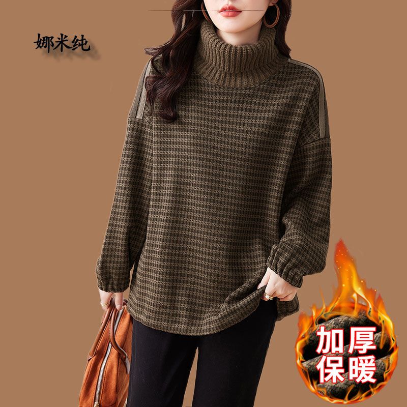 假兩件磨毛高領加絨衛衣女2023秋冬歐貨大碼洋氣顯瘦加絨加厚上衣