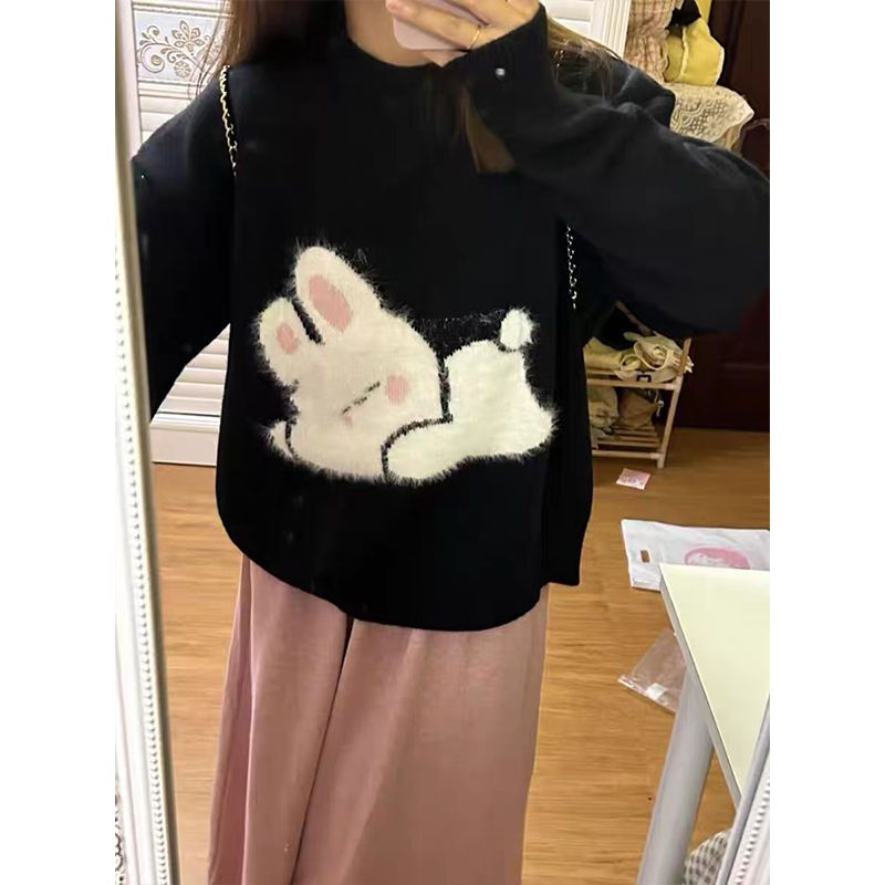韓系寬鬆長袖針織衫女秋冬可愛兔子提花慵懶軟糯圓領套頭毛衣上衣