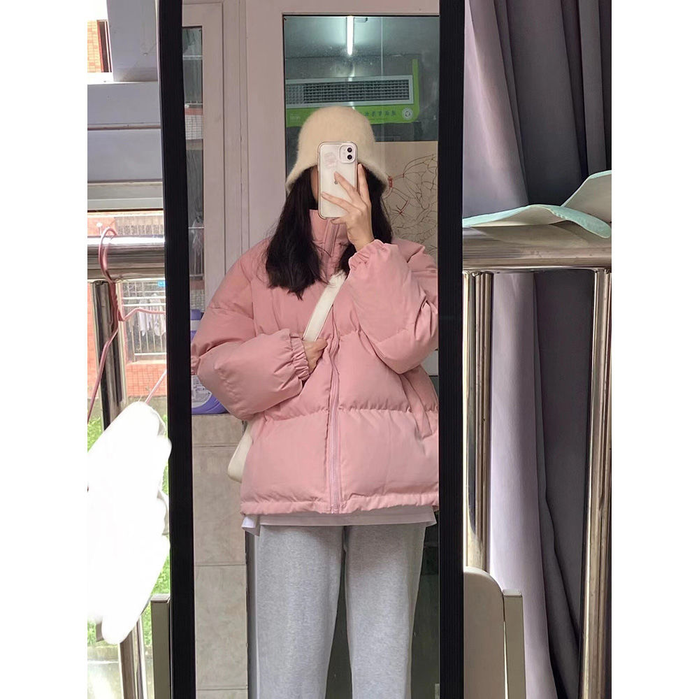 甜美冬季加厚學生粉色棉衣棉服女2023新款寬鬆保暖立領棉襖外套潮