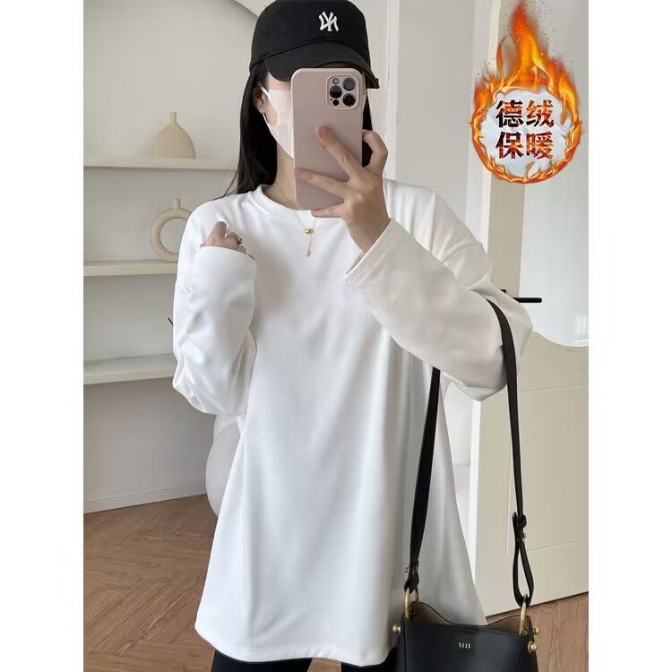 加厚雙面徳絨圓領白色打底衫女加絨秋冬磨毛內搭純色寬鬆中長T恤