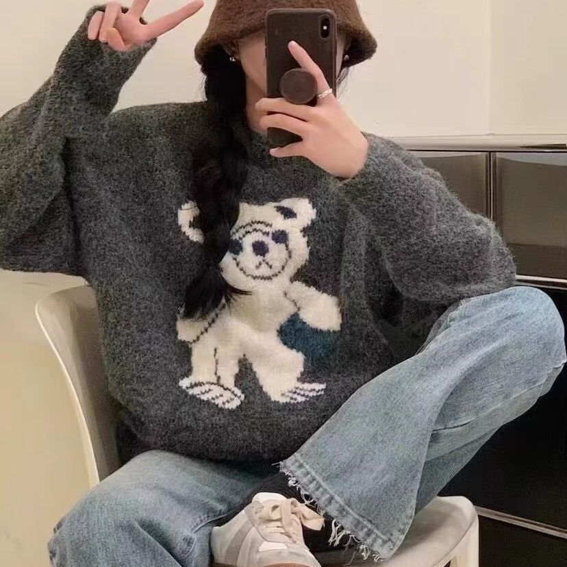 小熊圓領毛衣針織衫卡通高級簡風小熊灰撞色毛衣休閒圓領長袖上衣