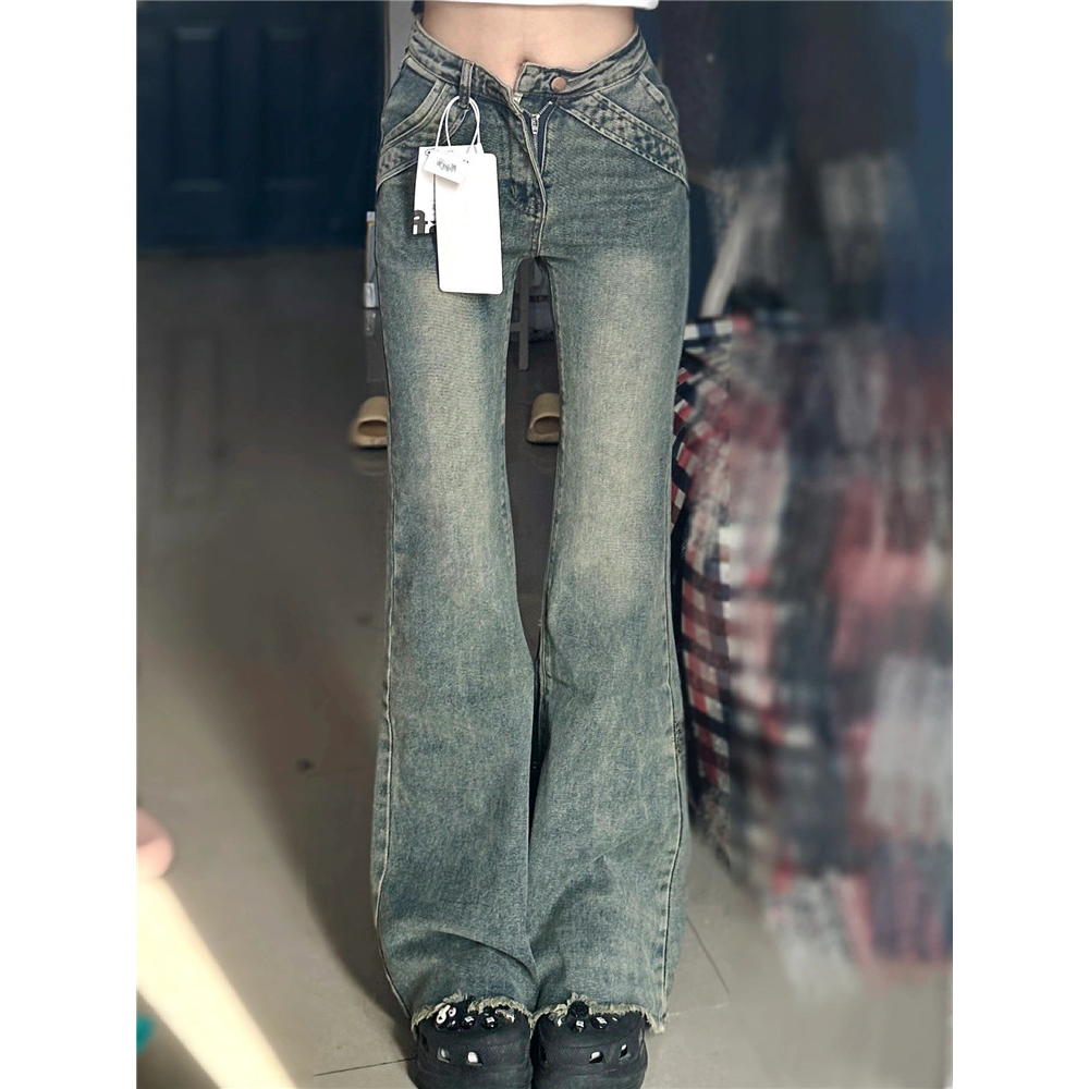 美式復古低腰微喇牛仔褲女秋冬季高個子加長毛邊高街vibe拖地褲子