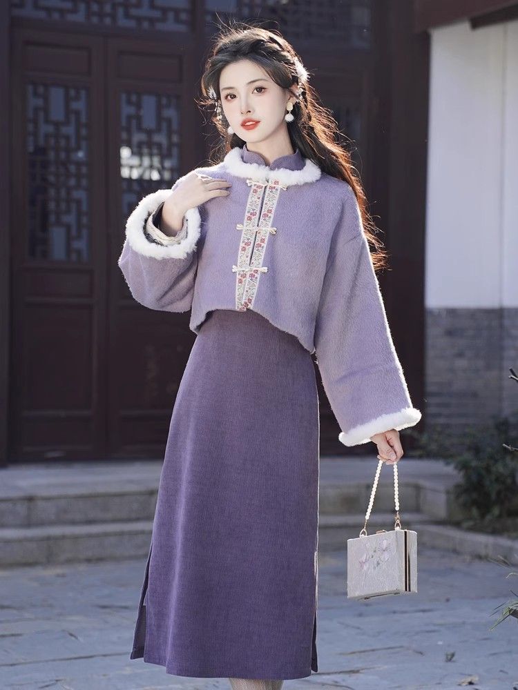 New Chinese style girly short woolen thickened coat women's improved cheongsam dress two-piece autumn and winter suit