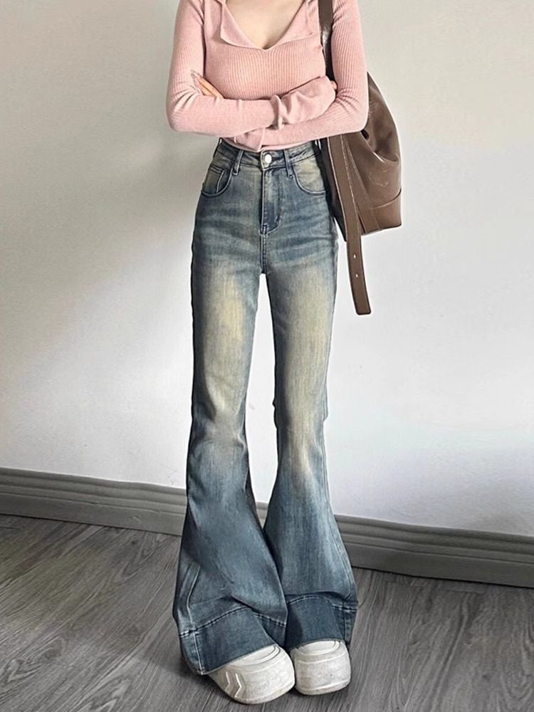美式辣妹喇叭牛仔褲女冬季新款復古高腰彈力緊身顯瘦微喇直筒褲子