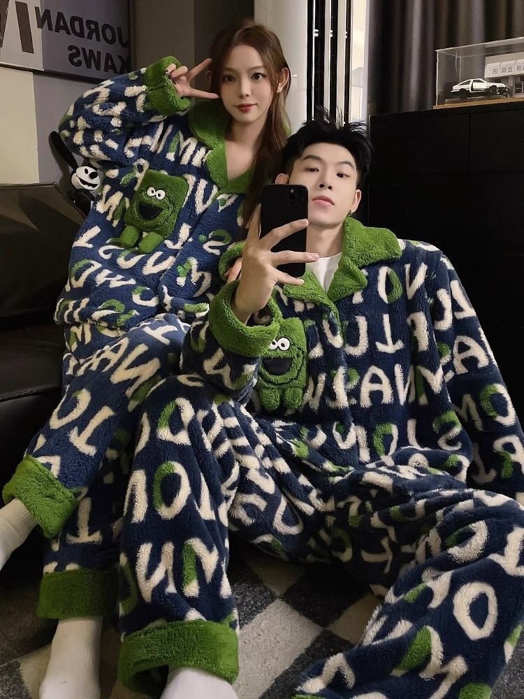情侶睡衣女秋冬季珊瑚絨加絨加厚冬天男士青少年法蘭絨家居服套裝
