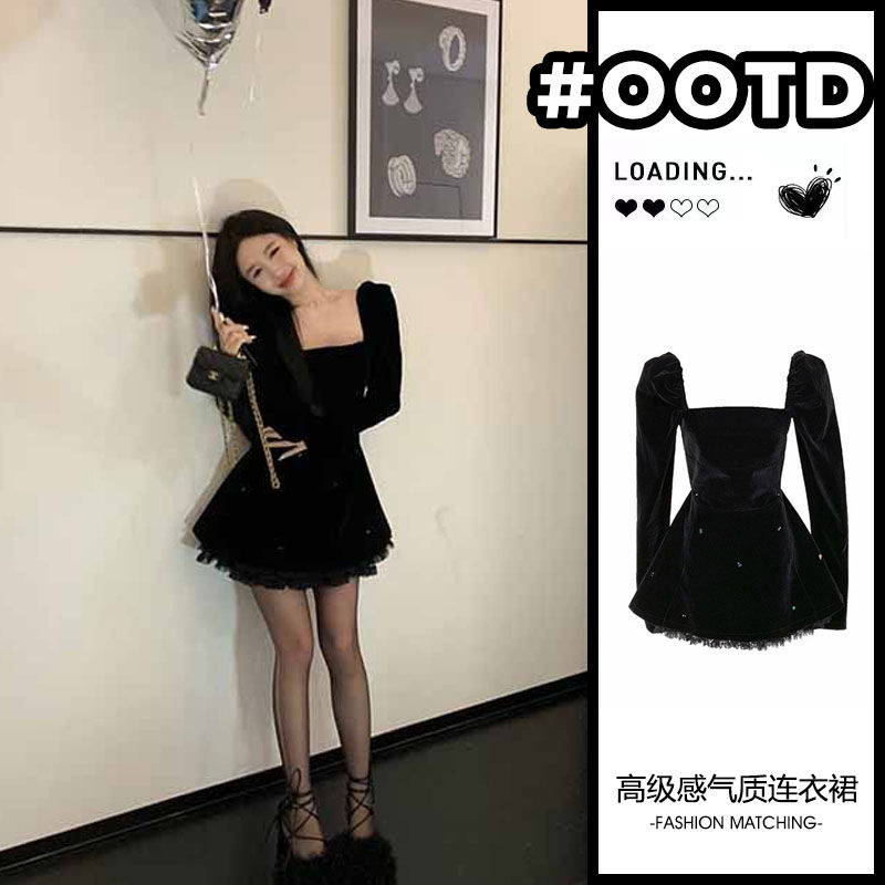 2023秋冬新款黑色性感宴會晚禮服短款名媛聚會生日連衣裙小禮服女