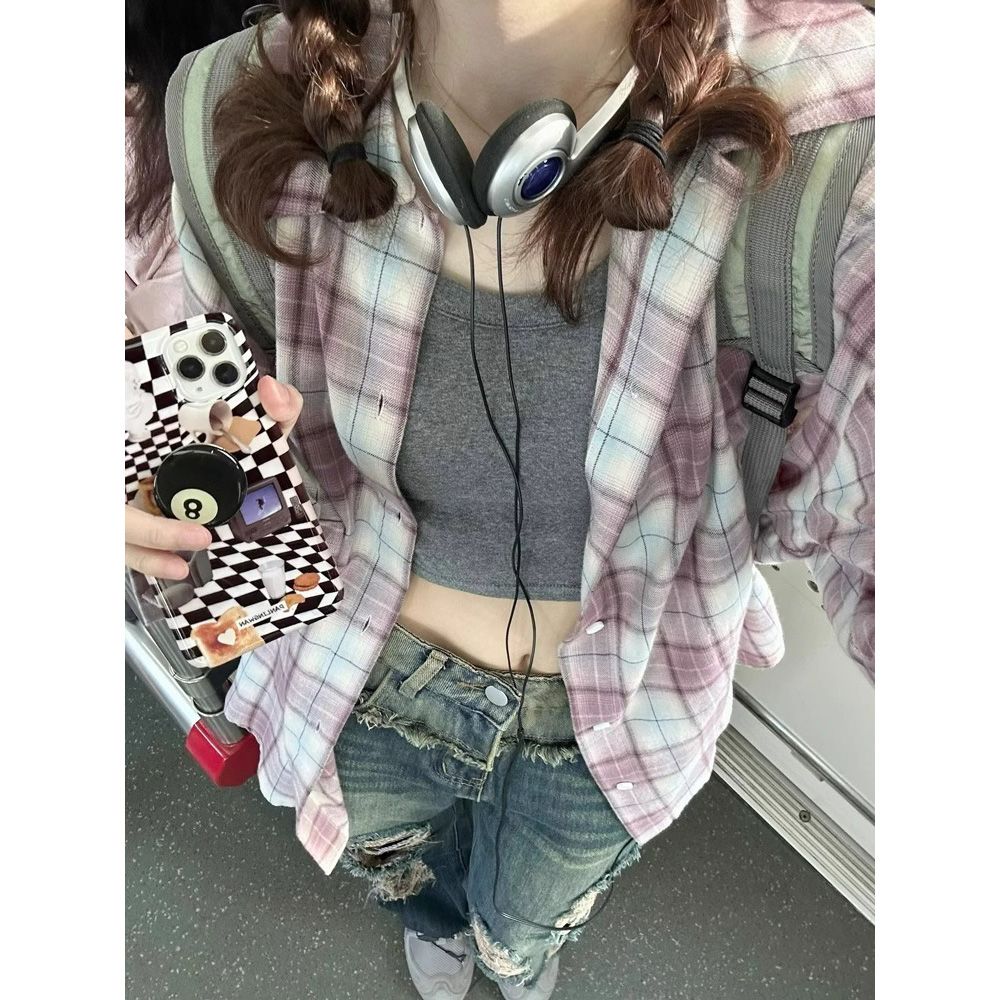 潮牌小眾設計感格紋長袖寬鬆襯衫女秋冬季慵懶學院風休閒外搭襯衣