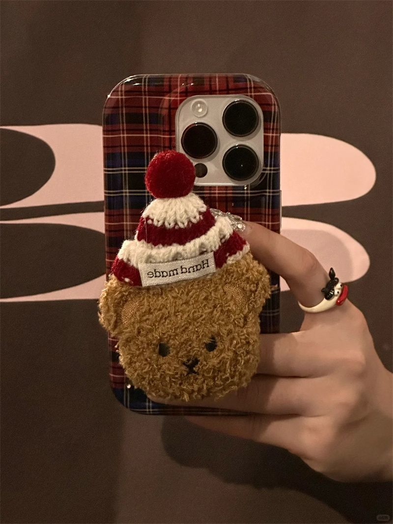 圣诞帽毛绒熊支架适用iPhone15PROMAX手机壳新款15苹果14软13透明