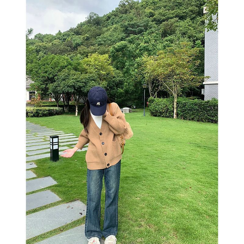 美拉德韓系慵懶風卡其色毛衣外套女秋冬2023新款高級感針織上衣女
