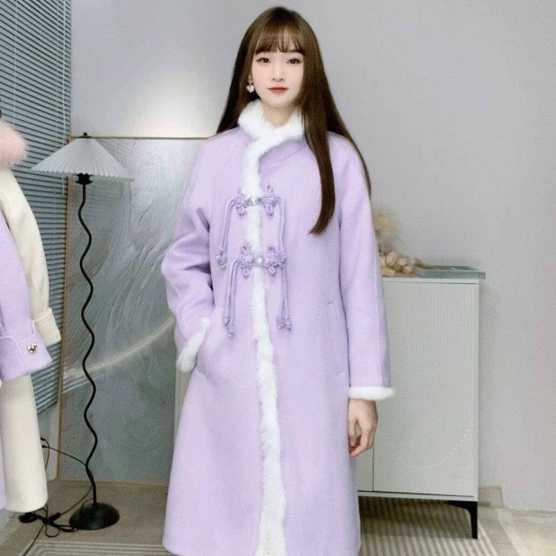 外套女新款秋冬新中式紫色高级感拼接小个子中长款毛呢大衣女