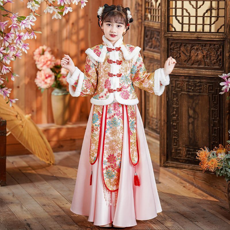 汉服女童冬季拜年服儿童连衣裙新年裙子秋冬款过年衣服公主裙冬款