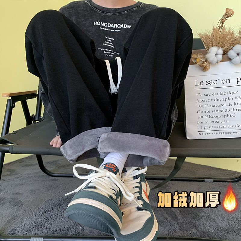 復古加絨加厚牛仔褲男款新款寬鬆直筒高街黑色美式休閒褲子長褲
