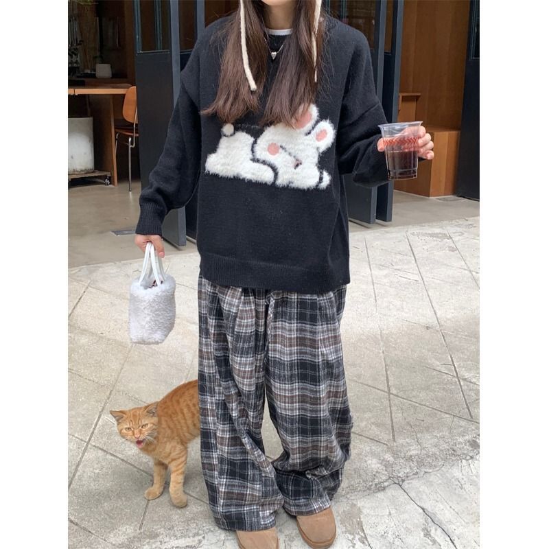 韓系寬鬆針織衫女秋冬可愛兔子外穿慵懶軟糯套頭毛衣上衣