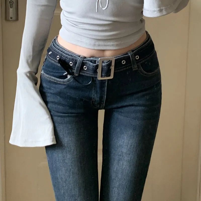 145小個子美式復古微喇牛仔褲女辣妹高腰顯瘦彈力直筒馬蹄長褲子