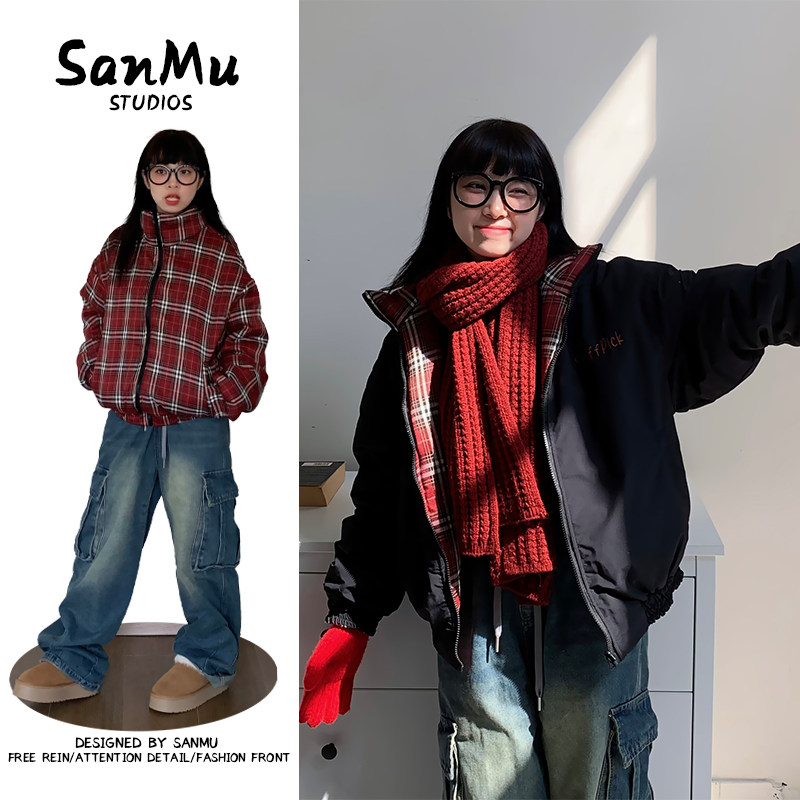 日系撞色復古格紋加厚保暖棉服男女同款兩面穿立領休閒麵包服外套