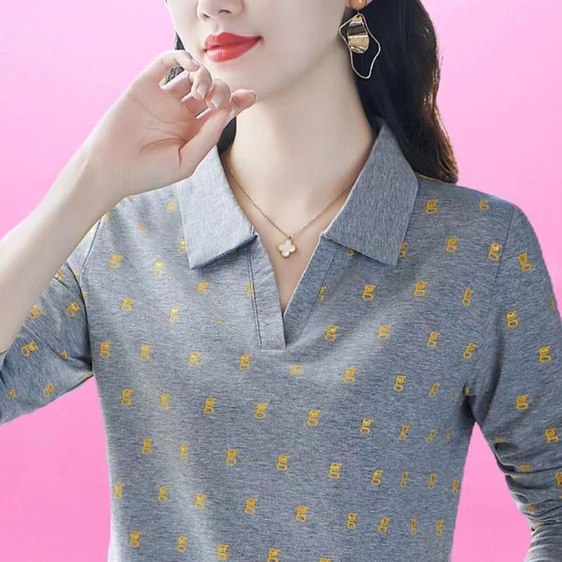 撿漏~尾單大牌翻領polo長袖洋氣時尚媽媽翻領打底衫印花上衣