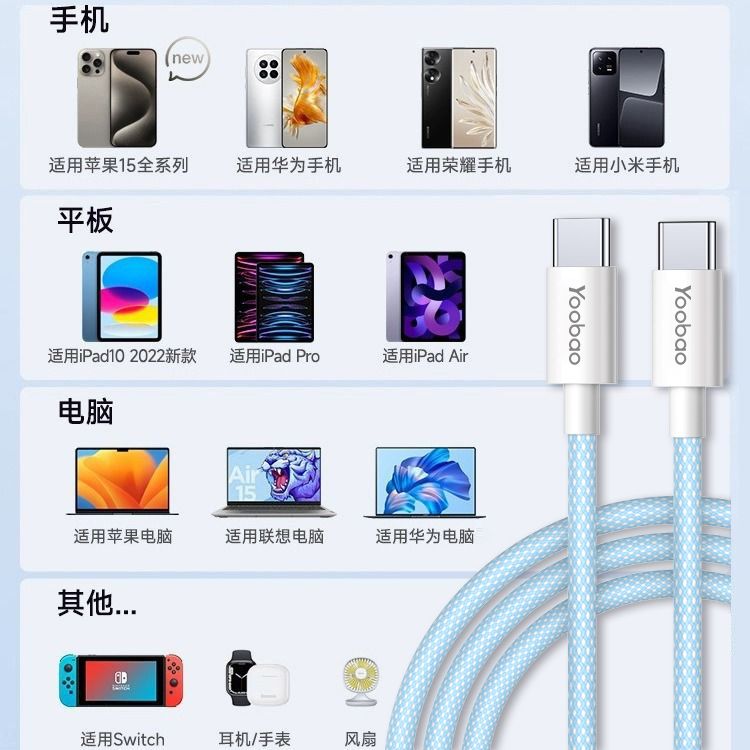 羽博数据线适用于苹果15华为荣耀小米Typec超级快充PD充电线车载