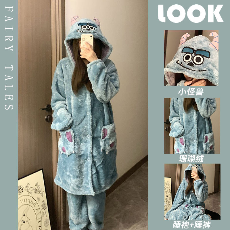 可愛怪獸珊瑚絨連帽睡衣女冬季加絨加厚法蘭絨保暖睡袍家居服套裝