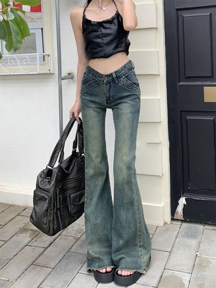 秋冬新款做舊水洗牛仔褲女設計感小眾高腰顯瘦修身微喇叭拖地長褲