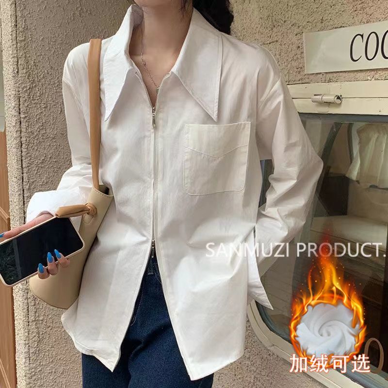 別致拉鏈白色長袖襯衫女加絨加厚設計感顯瘦內搭襯衣秋冬新款上衣