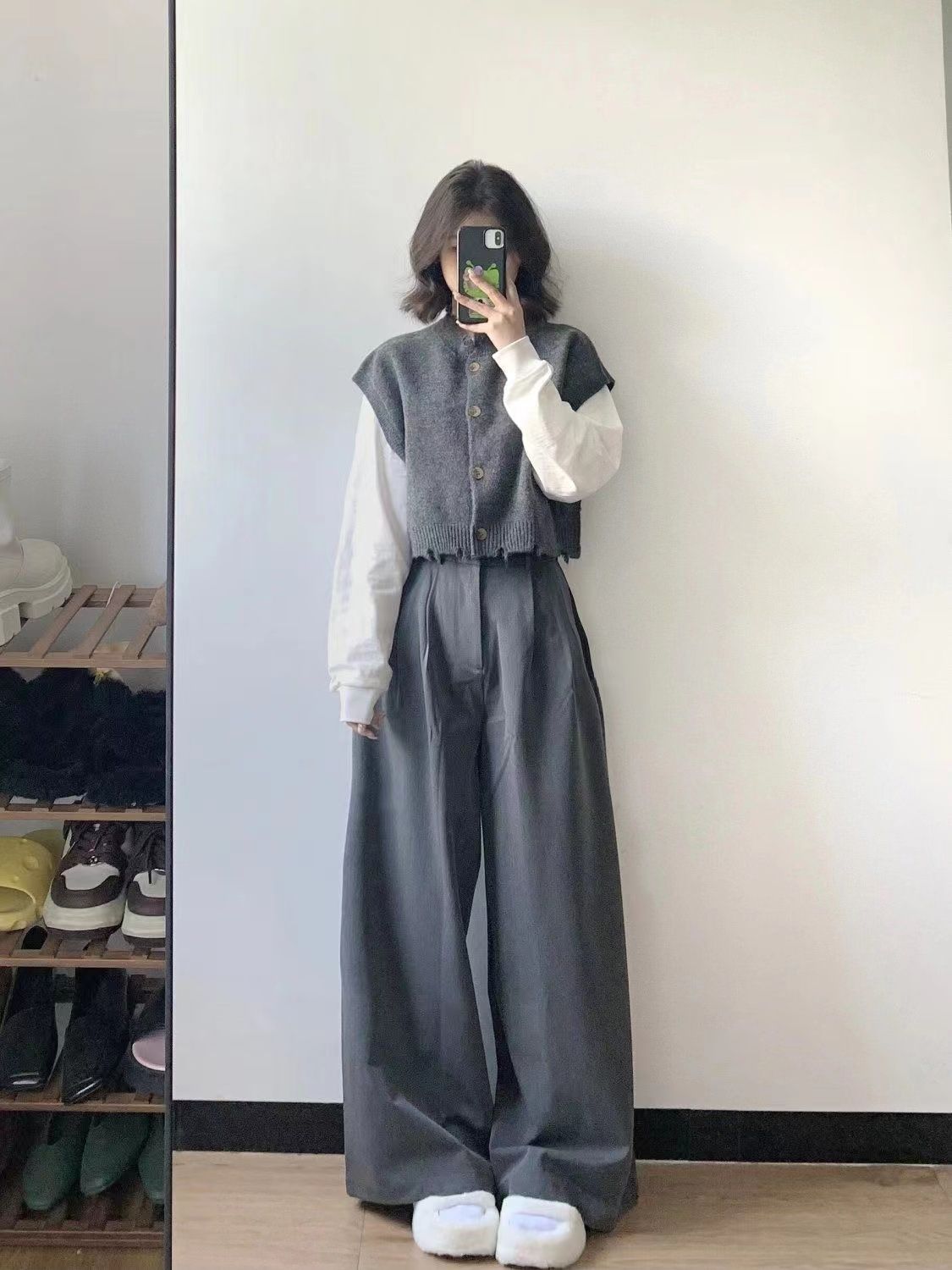 韓系復古三件套裝女冬季針織馬甲背心長袖上衣打底衫西裝闊腿長褲