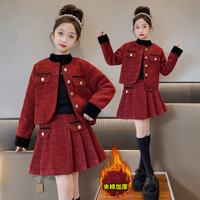 女童小香風套裝秋冬款兒童大童紅色聖誕節裙子過年新年裝拜年衣服